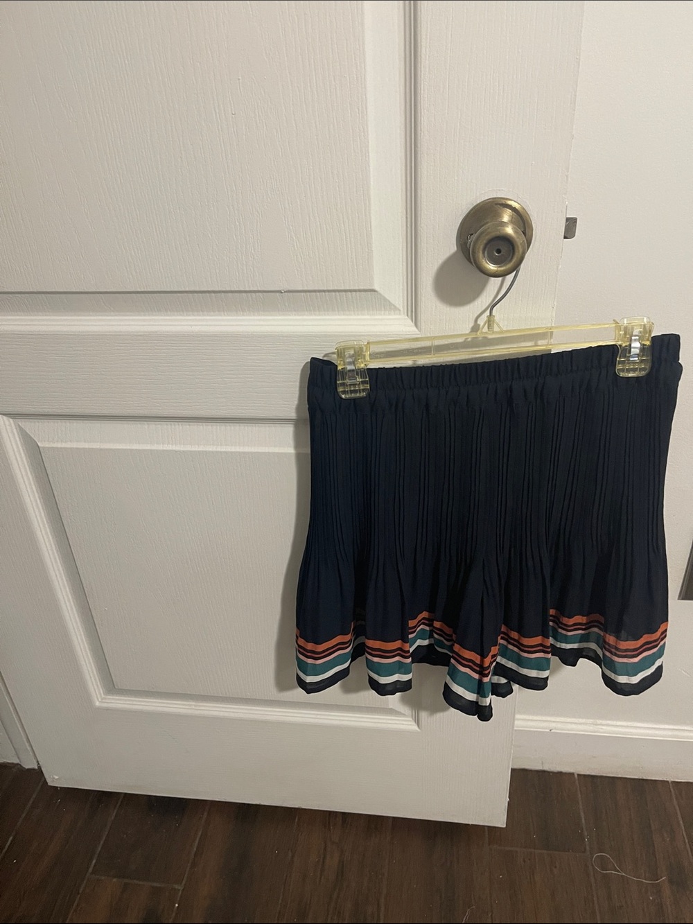 Maje Navy Pleated Skirt with Coral, Teal & Cream Stripes